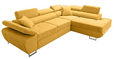 Robin Inspire Saturn Premium Ecksofa mit Schlaffunktion L Rechts Senfgelb | L-Form Ecksofa mit Schlaffunktion, Bettkasten, verstellbaren Kopfstützen, Kissen und freistehendes Schlafsofa fürs Wohnzimmer