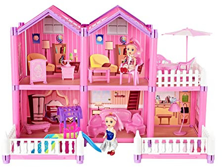 ikasus Puppenhaus Spielzeug Sets, Haus für Puppen, Prinzessin Schloss,Puppenstube mit Möbeln Und Zubehör, 2 Etagen Großes Puppenhausspielzeug für 3-6 Jährige Mädchen (48 X 28 X 34 cm)