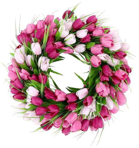 U'Artlines 20 Inch Tulip Wreath for Front Door, Spring Summer Silk Wreath with Green Leaves Artificial Tulip Flower Wreaths for All Seasons Window Wall Wedding Valentines Day Decor