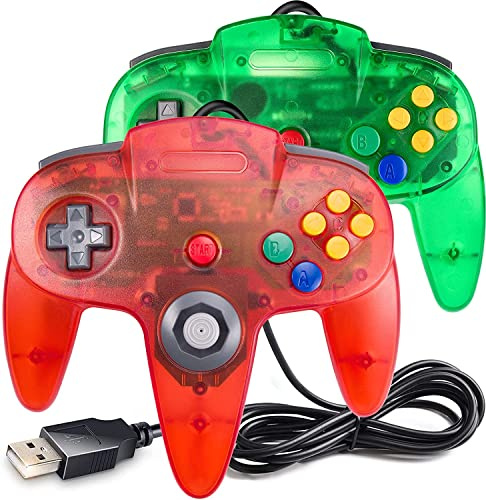 2 Pack Classic N64 Controller,N64 Wired USB PC Game pad Joystick, N64 Bit USB Wired Game Stick Joy pad Controller for Windows PC MAC Linux Raspberry Pi 3 Sega Genesis (Clear Green/Clear Red)