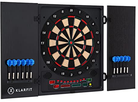 Klarfit Dartscheibe Elektronisch, Profi Dartscheibe für Kinder & Erwachsene, Elektronische Dartscheibe mit 12 Bunten Dartpfeilen & Dartcomputer mit LED-Display, E Dartscheibe mit Türen & Pfeile