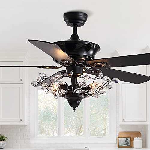 Ceiling Fans with Lights and Remote for Living Room Fandelier Vintage Fans with Lamps LED Crystal Lampshade for Bedroom Lounge Dining Table Kitchen Island Motor Silent Reversible (Black, 50