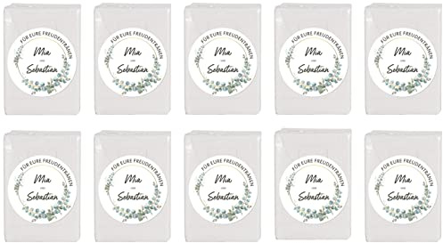 Herz & Heim® Taschentücher 10 x 10 in personalisierter Packung zur Hochzeit, verschiedene Motive Eukalyptuskranz