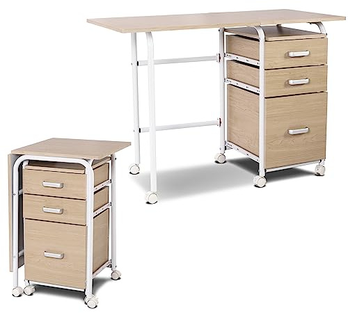 SFAREST Folding Computer Desk, Rolling Laptop Table with Wheels and Drawers, Portable PC Writing Workstation for Home, Office and Study (Oak, 105 x 50 x 75cm)