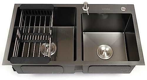 JINPRDAMZ Fregadero de cocina negro, doble fregadero de acero inoxidable 304, fregadero con desagüe y rebosadero con tubos que ahorran espacio, 110 mm