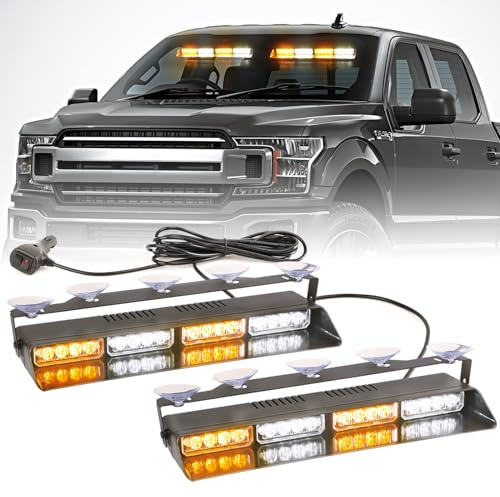 PKINGLAKE 2 in 1 LED Emergency Dash Strobe Light Bar Front/Rear Windshield Safety Flashing Warning Hazard Interior Lights for Police Firefighter Construction Vehicles Trucks (2x14 inch, Amber/White)