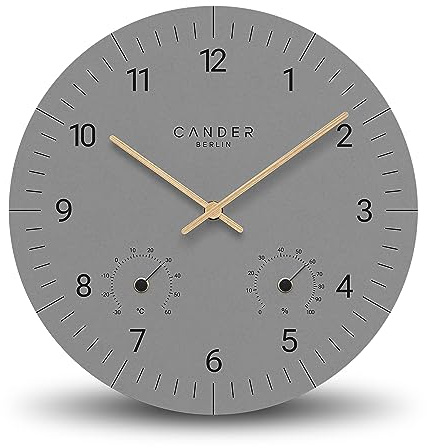 Cander Berlin MNU 2630 X Wanduhr MDF lautlos ohne Tickgeräusche 30 cm Temperatur Luftfeuchtigkeit analog grau Holzzeiger