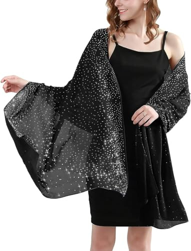 Longwu Sciarpa in chiffon da donna, grande scialli e involucri con strass scintillanti, scialli per abiti da sera, matrimoni, balli e feste (70 x 200 cm), Nero , Taglia unica