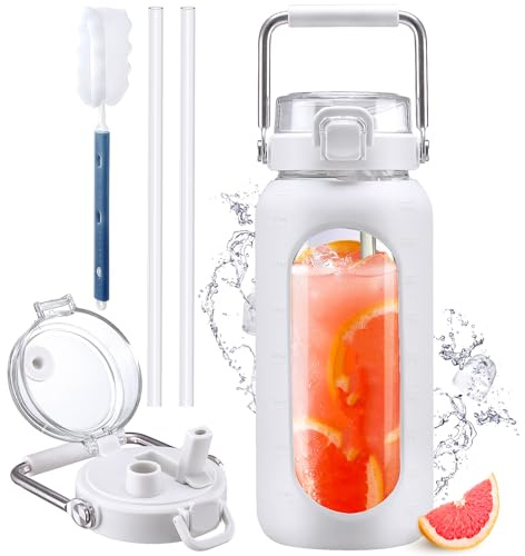 HYDRAGLAZIC 1900ML Glastrinkflasche mit Strohhalm und Edelstahlgriff, Wasserflasche glas mit Silikonhülle und Zeitmarker, Berwachung Ihrer täglichen Trinkflasche 2 liter, Weiß