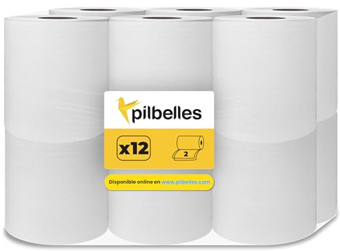 PILBELLES Bobina Papel Secamanos Mecha 12 Rollos Color Blanco | Rollos de Papel Secamanos Pasta Laminado, Extra Suave, Doble Capa