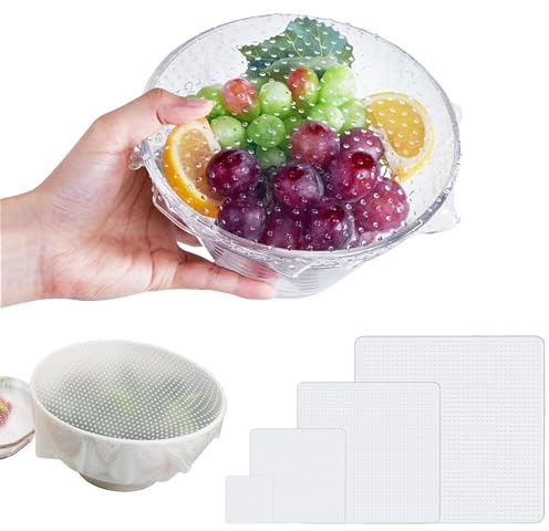 KASESSS 4 Pcs Silicone Lids Food Covers, Silicone Lids, Reusable Silicone Food Covers, Square Silicone Stretch Lids for Bowls, Plate, Pots, Silicone Bowl Covers for Microwave Refrigerator Dishwasher