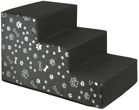 Domarex Haustiertreppe 4 Stufen 30×50×30 cm für Hunde&Katzen rutschfest & wasserdicht - formstabiler Schaum & Abnehmbarer Bezug - Anti-Slip Unterseite - L Grau + Pfoten und kleine Knochen