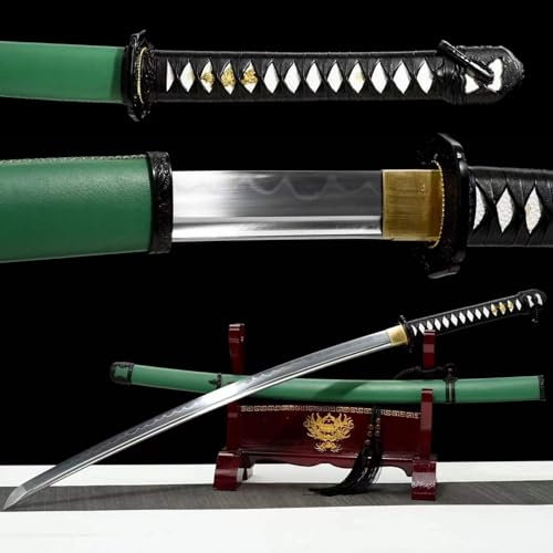 KWXPW 104 cm grüner japanischer Säbel,T10 Stahl-Katana,PU-Leder umwickelte Scheide aus Massivholz,Handgefertigt real Samurai-Schwert für Kendo-Übungen,Cosplay,Ausstellung,Geschenk