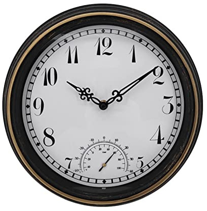 EBVincxmk 12inch Retro Waterproof Clock With Thermometer Digital Display Ornament For Indoor Outdoor Garden Yard Decoration