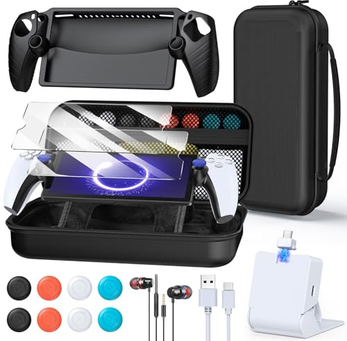 Paquete de accesorios 14 en 1 para PlayStation Portal, funda de transporte para PS Portal, base de carga magnética con funda de silicona para portal PS5, con 2 protectores de pantalla, auriculares con