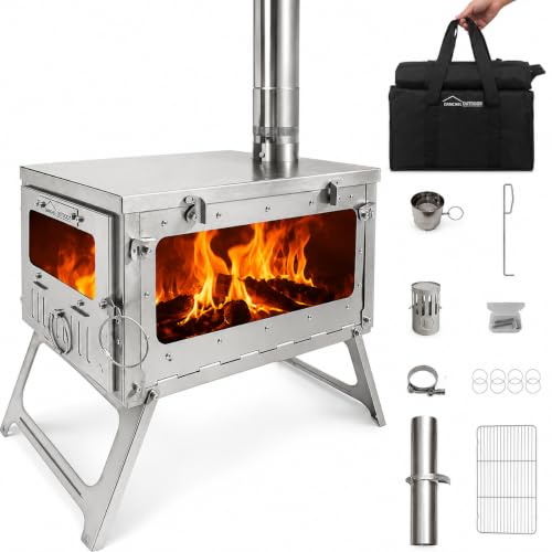 DANCHEL OUTDOOR TSG PLUS Portable Large Titanium Tent Wood Stove for Winter Camping Backpacking, Folding Lightweight Hot Tent Stove with 8.2ft Rollable Chimney Pipe for Cooking,8.16lbs 23L