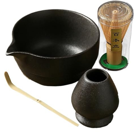 Juego de té matcha japonés, cuenco de matcha con boquilla, soporte para batidor de matcha, batidor de matcha, kit de fabricación de té matcha hecho a mano, kit de ceremonia de matcha tradicional juego