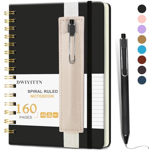 DWIYITTN Carnet de Notes avec Stylo, Cahier Spirale A5 Ligné 160 Pages / 80 Feuilles, Couverture Rigide en Cuir, Journal avec Stylo et Porte-stylo, Carnet Bloc-notes, 14.5 x 21 cm, 80 g/m² - Noir