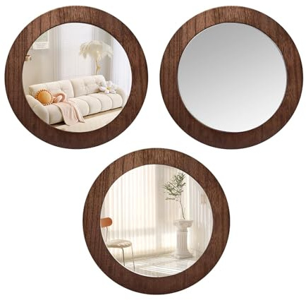 XiyaxiVici 3 Stück Wandspiegel Dekorative Spiegel Wanddeko mit Holzrahmen Runder rustikaler Holzspiegel für Wanddekoration, Wohnzimmer, Schlafzimmer, Badezimmer 25cm