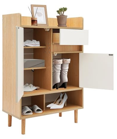 Esyogen Zapatero con cajones, 60 x 32 x 90 cm, zapatero independiente, moderno, con puertas para entradas, armarios, salones (color cerezo y blanco)