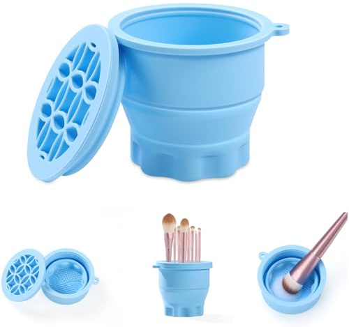 WantGor Makeup Brush Cleaner Mat with Brush Storage Holder, 3 in 1 Foldable Silicone Bowl Cosmetic Brushes Cleaning Pads Tool for Makeup Brush, Makeup Sponge, Powder Puff (Blue)
