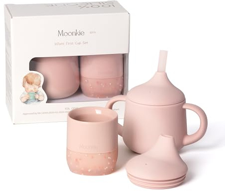 Moonkie Silicone Baby Cup Set | 2 Pack: 60ml Open Cup + 120ml 3-Way Sippy Cup | from 6 Months | Weighted Base (Anti-Tip) | BPA Free, Capacity Markings (Blush Set)
