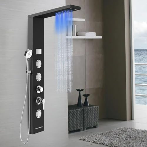 Colonna Pannello Doccia Shine Acciaio 4 Funzioni Luce LED Display Temperatura Effetto Pioggia Cascata Anticalcare (Nero)