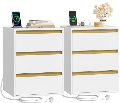 HEXCELEN Bedside Table with Power Strip, Set of 2 Side end Table with 3 Drawers, 2 AC Outlets, 1 Type-C Port, 1 USB Port, Nightstand with 4 Detachable Foot Braces, for Bedroom, Living Room, White