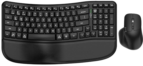 Ensemble clavier et souris ergonomiques, Bluetooth/2.4G sans fil Ergo Wave Clavier incurvé avec repose-paume rembourré et 6 niveaux DPI réglable Souris silencieuse, multi-appareils pour Windows/Mac
