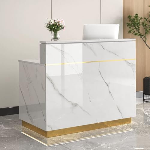 Moderner Empfangstresen mit abschließbaren Schubladen, stilvoller Tresen für Salon- und Bürokassen, Weiß- und Gold-Finish, L 139,9 x B 60,4 cm, Elegantes Design für professionelle Räume
