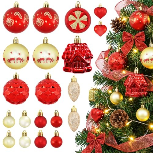 Weihnachtskugeln Kunststoff 40 Stück Set Rot Gold Ø 3-6cm, Robuste und Sichere Christbaumschmuck Set mit Aufhängen, Matt, Glänzend Christbaumkugeln, Mehrweg Weihnachtsdeko