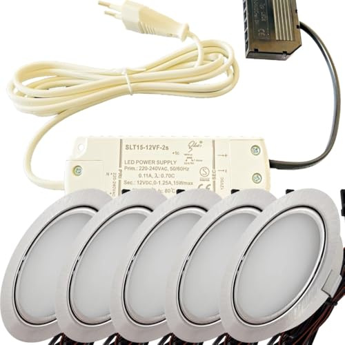 LED Einbaustrahler Möbel 12V 3W – 5er Set mit Trafo, Kabelbaum & Netzstecker – Plug & Play Spots warmweiß 3000K – Ø65 mm, 55–60 mm Einbauloch – flache LED Einbauleuchten für Möbel in Küche & Schrank
