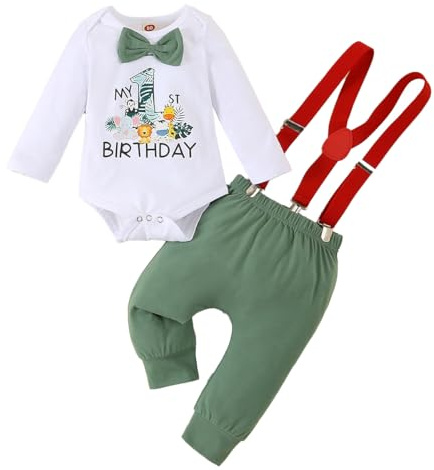 LUVCES Vestiti 1st Compleanno per Neonati Maschi Gentleman Manica Lunga/Corta Pagliaccetto con Papillon + Pantaloncini con Bretelle 2 Pezzi Set di Abiti Maniche lunghe verde chiaro 9-12 Mesi