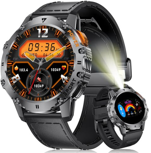 LIGE Smartwatch Herren mit Telefonfunktion, 1.43 AMOLED Fitness Tracker mit Taschenlampe, Herzfrequenz/Schlafmonitor, 110+Sportmodi, IP68 Wasserdicht Smartwatch für Android iOS, Leder