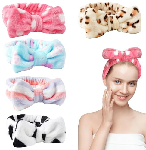 YOCHLEY 5 PCS Facial Headband, Makeup Hair Band Women Elastic Bowknot Skincare Headband Coral Fleece Spa Headbands for Girls Washing Face Makeup Shower (Blue, Pink, White, Striped, Leopard, One Size)