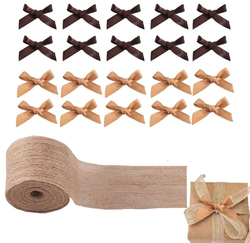 CLDURHGE Cinta de Yute Decorativa 5 Rollos con 20 Lazos, Cinta Estrecha de 6 mm para Manualidades, Color champán y marrón, Ideal para Envolver Regalos, Bodas y decoración Vintage