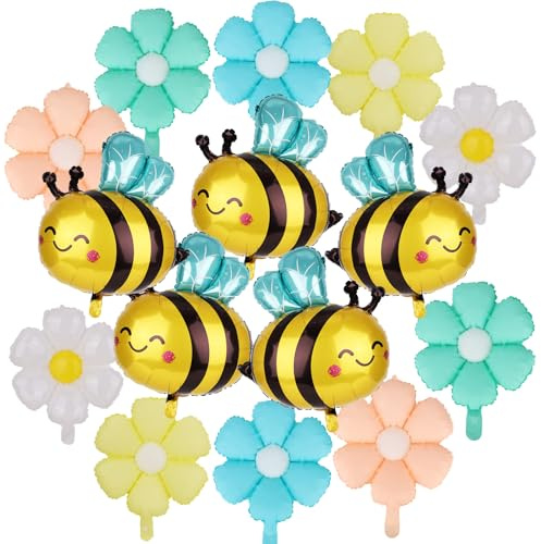 15pcs Bee and Daisy Flower Balloons, Cute Smile Face Honeybee Balloons Daisy Flower Bee Theme Birthday Supplies for Birthday Party Decorations (Multicolored)