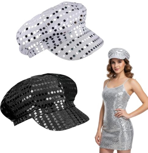 EYWILYWI Abba Lot de 2 chapeaux disco à paillettes noires et argentées - Accessoire unisexe pour costume de carnaval Abba - Accessoire disco des années 70 pour festival rétro cosplay