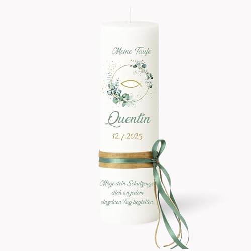 KERZENWACHSTANTE® Taufkerze Kommunionkerze Eukalyptus Fisch Elias 20x7cm – Wunschname Personalisierbar – Geschenk zur Taufe für Jungen & Mädchen – Handarbeit mit Schleife – gold-salbei