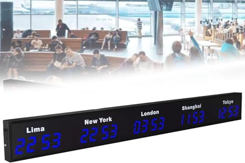 XRSMOU Orologio Mondiale da Parete, Orologio Digitale con più Fusi Orari, Regolazione della Luminosità, per Aeroporti E Centri Commerciali (Blue 5City)