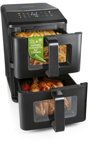 GOURMETmaxx FryUp vertikale Doppelkammer Heißluftfritteuse mit Sichtfenster - 10 L | Airfryer mit 9,8 Zoll Multi-Colour LED-Touchdisplay & 11 Programmen | Heißluftfritteuse 2 Kammern mit Oberhitze