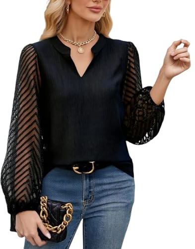 viiotu Camicetta Donna Elegante in Chiffon, Camicia a Manica Lunga con Scollo a V e Pizzo - Blusa o Top Chic per Cerimonia, Lavoro e Tempo Libero (IT, Testo, XL, Regular, Regular, Nero)