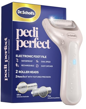 Dr. Scholl's Pedi Perfect Electric Foot Callus Remover, Waterproof, Rechargeable with x2 Roller Heads, Removes Hard Skin for Soft Beautiful Feet, 90 Minute Run Time, Dust Catcher, Pedicure Tools