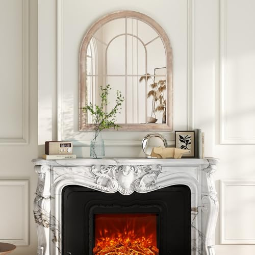 GOPLUS Miroir Fenetre Mural Décoratif avec Cadre Métallique 88 x 69,5 cm, Haute Définition, Miroir Arche Verrière Rétro à Suspendre, Décoration Arqué Vintage pour Chambre Entrée Salon