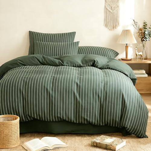 Lanqinglv Gestreift Bettwäsche 135x200 Dunkelgrün Streifen Wendebettwäsche,Kuschelig ÖKO-TEX Bettwäsche für Allergiker Geeignet,1 Grün Bettbezug & 1 Kissenbezug 80x80 cm
