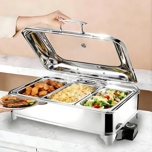 BOVDC 9L Chafing Dish Electrico para Buffet, Calentador de Buffet Eléctrico de Acero Inoxidable, Calentador de Comida Electrico Buffet Profesional con Tapa Visible, Temperatura Ajustable(1/3 Pan)