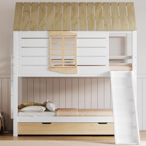 HUQIQWE Litera De Madera 90x200 cmCon Tobogán, Cama Nido Extraíble, Techo con Ventana, Barandilla Completa Y Diseño Cama Casita Tipo Cama Litera para Dormitorio Juvenil Completo