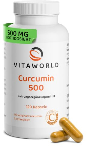 vitaworld Curcumin 500 – Curcumin C3 Complex® mit Piperin – 500 mg Curcuminoide pro Kapsel – Hochdosiertes Kurkuma‑Extrakt (95% Curcuminoide) – 120 vegane Kapseln