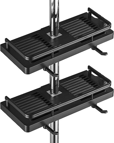 DUFU Estante de Ducha Sin Perforar de Baño para Riel de Ducha Colgantes Soportes de Accesorios de Ducha con Hebilla de Duchas,Dos Gancho y Soporte Organizador Apto para Riel 21-25mm Dos Piezas Negro