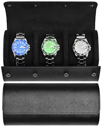 POKOTO Watch Roll Travel Case for 3 Watch, Watch Case for Men and Women, Luxury Leather Portable Watch Case Roll Organizer for Home Storage, Travel and Display with WHITE BOX (Black, 3 slot)